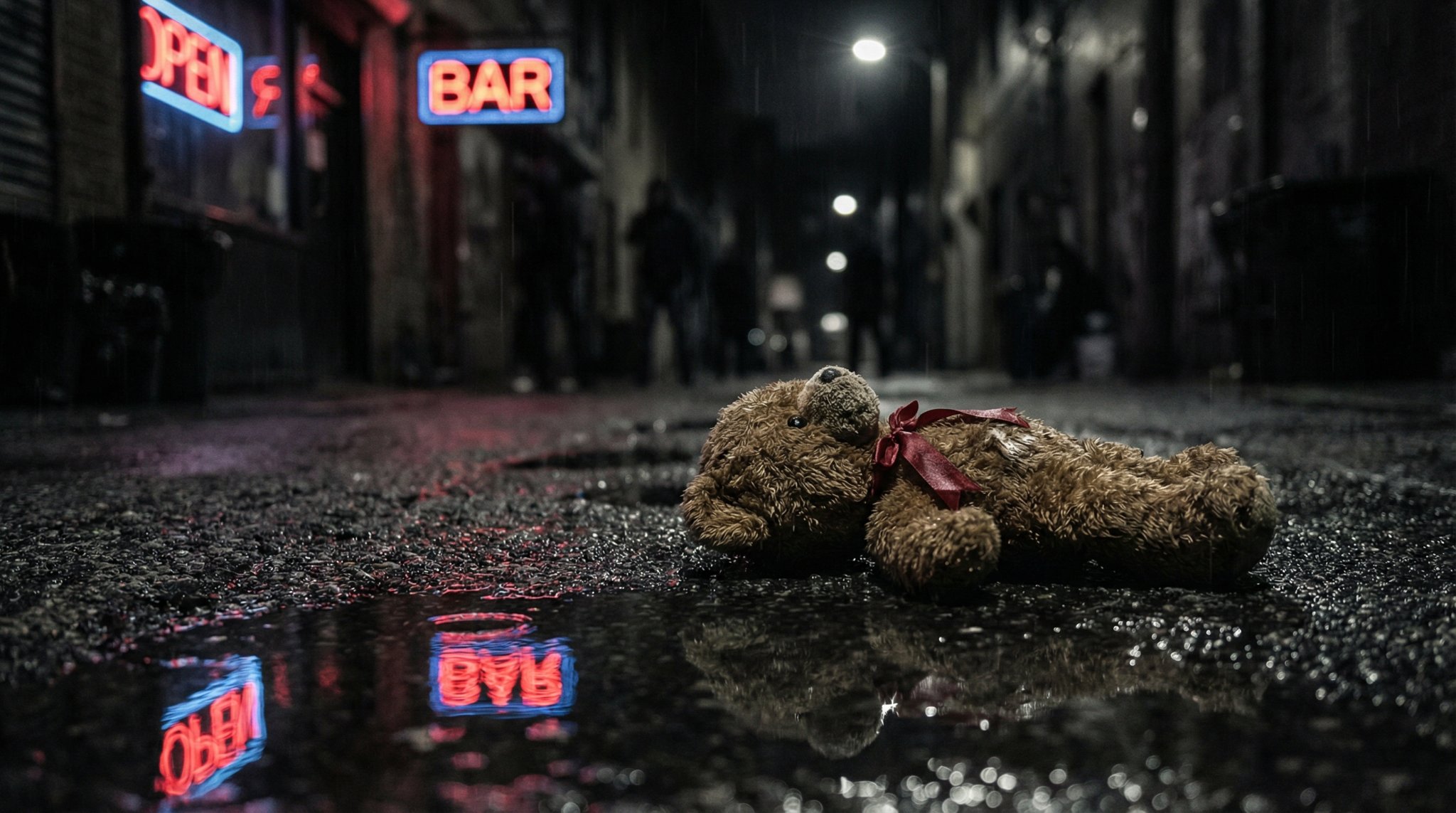 Zaniedbana nocna ulica i porzucony pluszowy miś